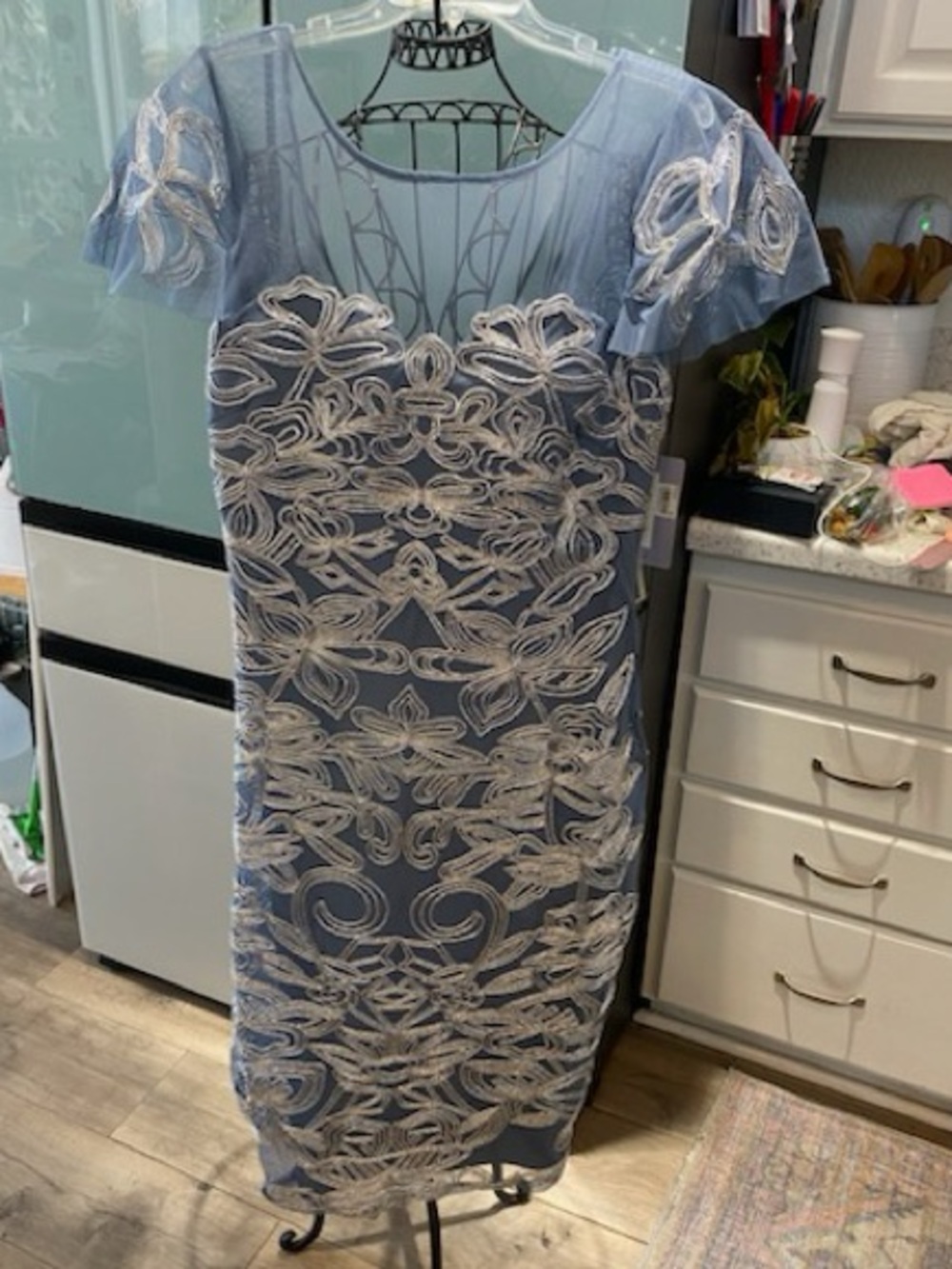 NWT 💎 JS Collections Metallic Embroidered Soutache Illusion Dress Blue Silver 16